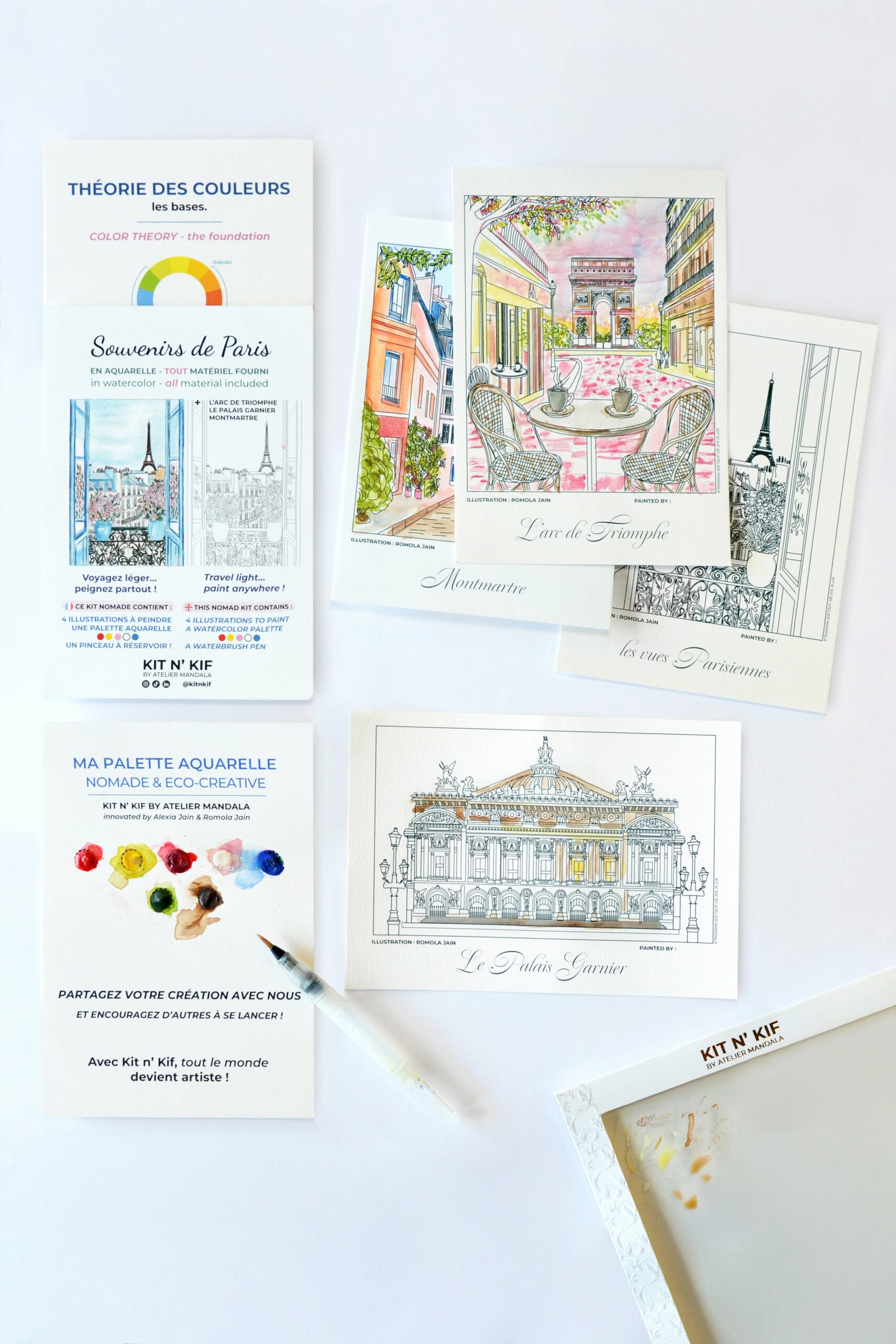 Kit Aquarelle Nomade – Souvenir de Paris : 4 illustrations à peindre (Montmartre, Arc de Triomphe, Tour Eiffel, Palais Garnier) 